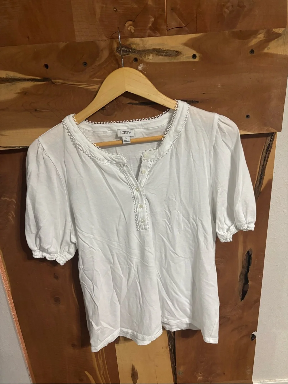 J. Crew Cream Puff Sleeve Henley Top with Lace Trim